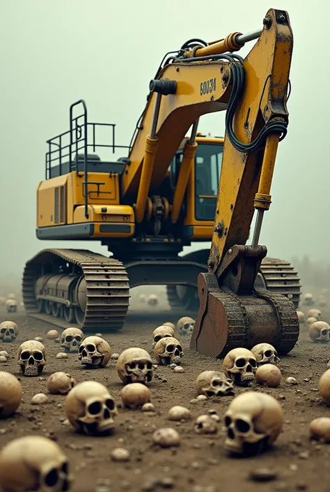 Yellow excavator ,  goes over skulls