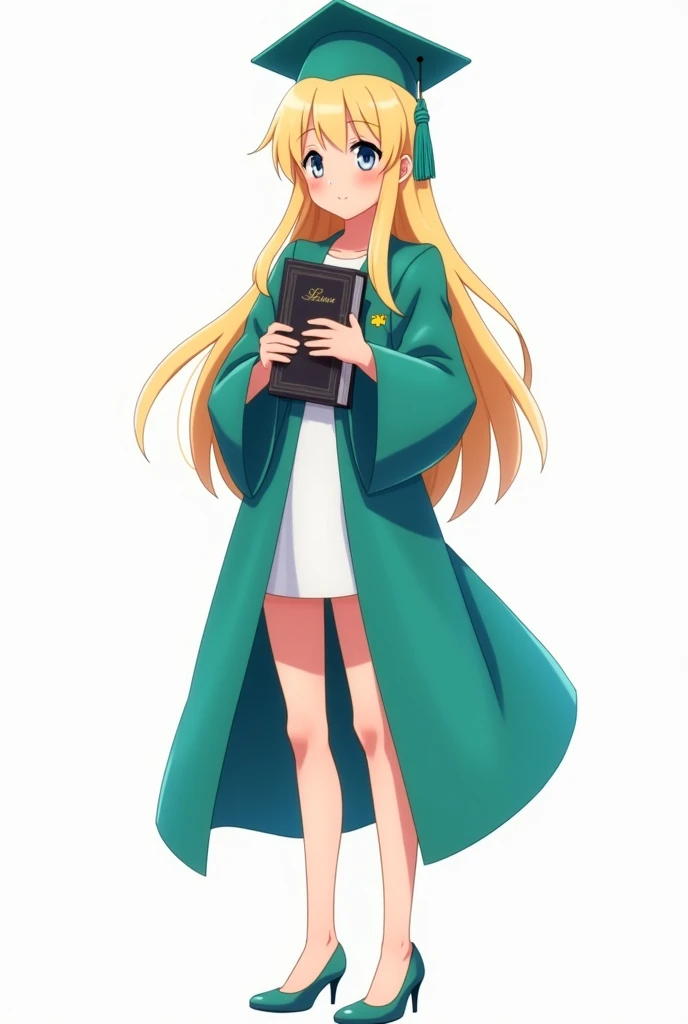  beautiful 17-year-old girl changes, white, blonde, long straight hair,   animated image that looks full body that shows her high-heeled shoes,  dressed in graduation with closed gown and turquoise green cap, with book in her hands that Laura says in the t...