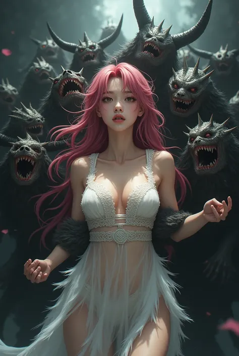    top quality、  slightly realistic Japanese anime   、torture、     slave、limit、bondage、   captured by monster groups    、Surrounded by monsters、、   Beautiful Woman Captured by Tentacles with Very Long Reddish Pink Hair（    messy hair    ）、 Mature woman(Sac...