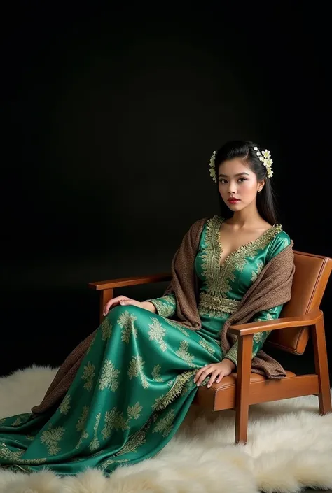 Elegant photographic style ,photo studio, A young and beautiful Sundanese woman , clean skin ,ideal body,compact chest ideal,black hair in a pigtail bun top ,graceful and elegant , with beautiful floral decoration ,wear wedding kebaya dress , traditional I...