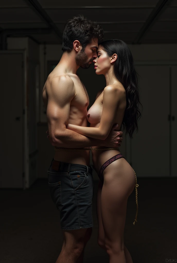 couple with their hands tied behind their backs and having sex by a man