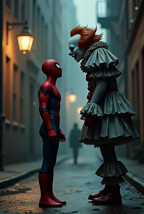 Create an image of Spider-Man and Pennywise staring at each other 