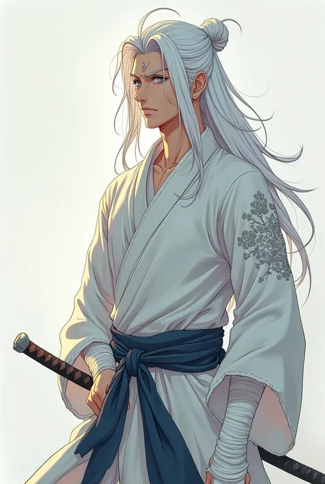 In 2d colored manga art style, lay the  foreground of, a male white-haired shinobi stands in silent elegance, long silken hair cascading down with ethereal glow.
Piercing silver eyes that seem to hold ancient wisdom. A calm gaze yet unyielding, revealing a...