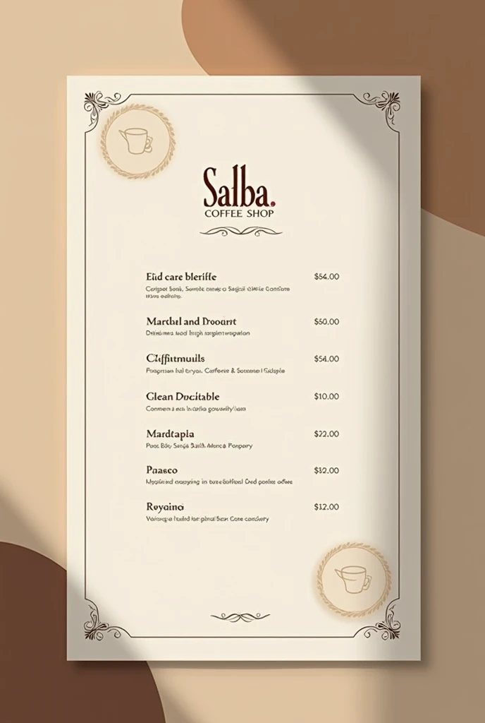 minimalist coffee menu in light brown and sand tones with the logo SalBa Coffee Shop