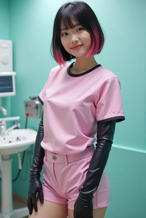 (There is a young Japanese woman in pink nurse wear:1.5), sneering smiling face, (Wearing black latex gloves:1.3), latex shiny, (Black latex shorts:1.4), dominatrix, shiny and metallic, shiny glossy skin, Cute Japanese girl face similar to Minami Hamabe, A...