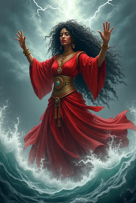  Orixá Iansã dressed in red ,  curly hair, Backwards controlling a hurricane storm 