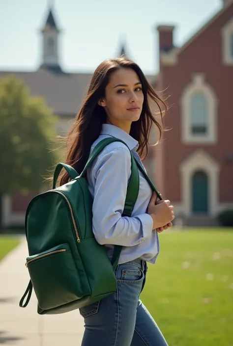 Picture of a girl leaving college with a green backpack 