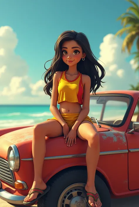 A teenage Bolivian girl in a volleyball suit and beach flip flops sitting with her legs open on the hood of a car.  The hood is dented underneath it because of its weight