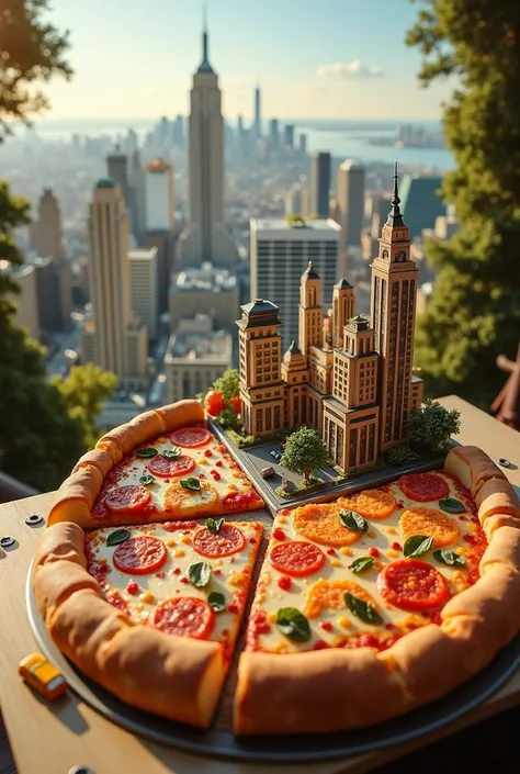 a pizza cut into axes with a city in the background four pieces of the pizza form an X