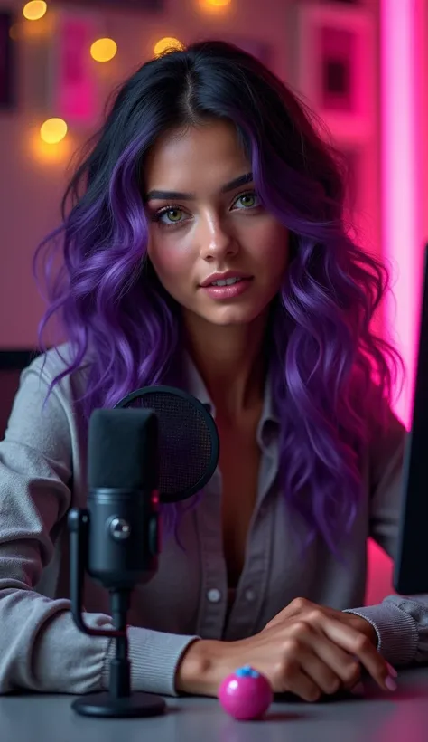 A pretty handsome 30-year-old girl with brown skin , purple wavy hair [with black tones],  green eyes, ultra realistic ,  who is a YouTuber with a professional microphone next to her and LED backlight and a toy in the middle on the table