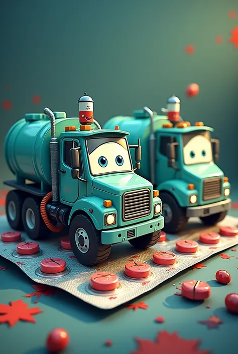 " A cartoonish and humorous illustration of medication pills in a blister pack ,  but the pills are Vactor trucks that are special for cleaning sewers with a Pixar style, which are the ones that simulate pills since they are packed inside the blister pack....