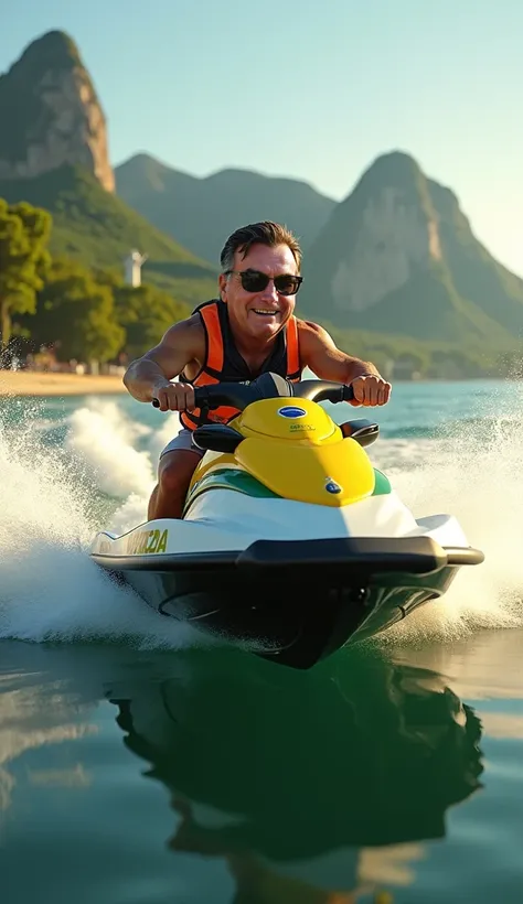 " Create a hyperrealistic and extremely detailed image of a man with characteristics similar to those of Jair Bolsonaro,  riding a jetski vibrant at high speed through Lagoa Rodrigo de Freitas , in rio de janeiro.  The mans head must be disproportionately ...