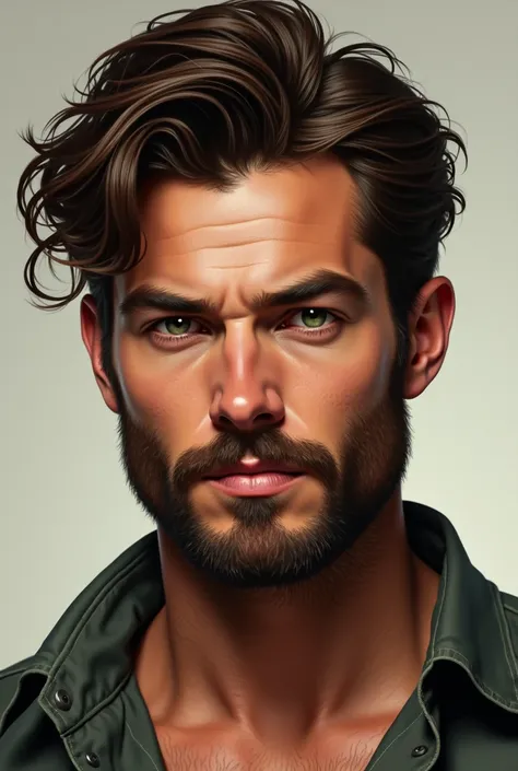  Generate an image with these details 

Make a portrait with these data 

He has a very masculine look, brown hair and a little beard that looks attractive., pretty brown eyes with green ,  eyebrows a little bushy and a little messy peel to look good , (He...