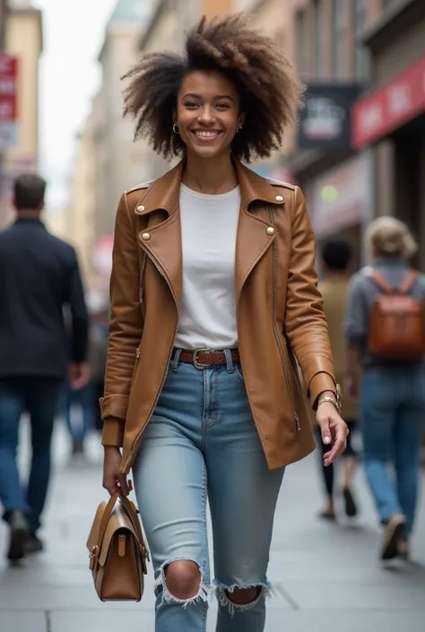 A confident person walking down a busy city street, dressed in casual yet stylish clothes, with their head held high and a bright, genuine smile. The background is slightly blurred to keep the focus on their radiant expression.