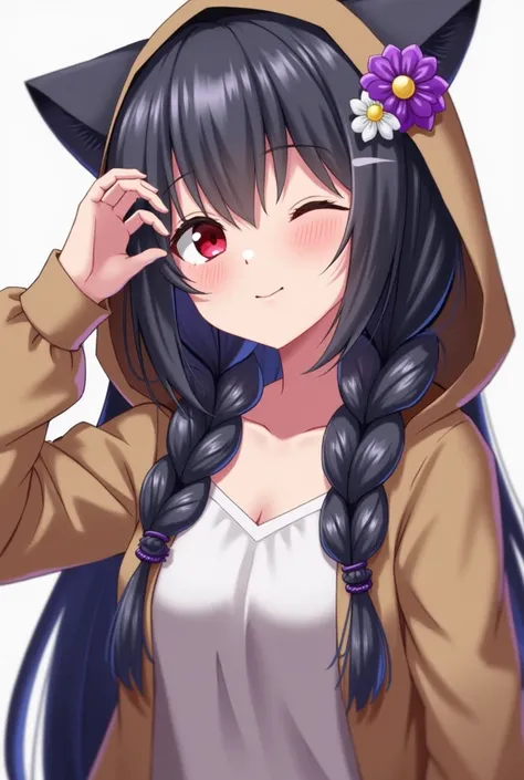 1 ,  High resolution , breasts, hair ornament,  red eyes,  black hair,  brown hair ,  Hair with two high braids,  very long hair , purple eyes,  eyes closed, blue hair, Tears,  cat ears , hood,  hair flower ,  pink eyes, blurred, brilliance, 