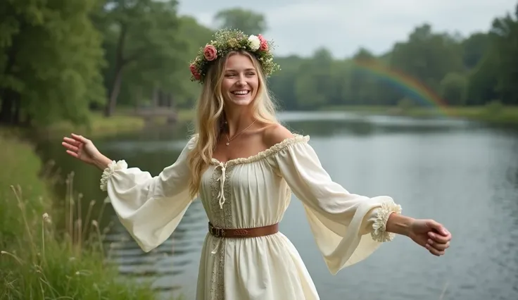 Beautiful young blonde woman wearing a white medieval dress and with a wreath of flowers spins around with her hands up and smiling, as if enjoying her surroundings. It is on the bank of a river, in a meadow that has many trees, you can see a rainbow in th...