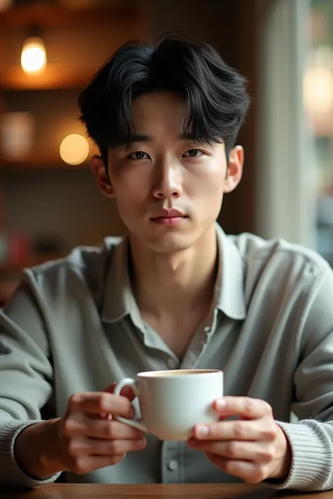 Handsome Korean man holding a cup of coffee 