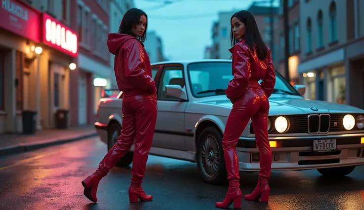 realistic photo , 2 cyberpunk woman standing , wearing shinny pvc jumpsuit , shinny pvc jacket , wearing shinny pvc thigh high boots , shinny pvc long gloves , in cyberpunk street at dusk with bmw m3 e30