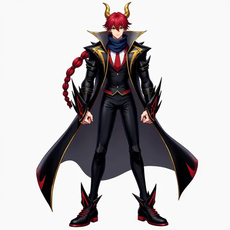   masterpiece ,  better quality ,  ultra detailed , Fine details, slim body,with muscles, 1chico,  young mens anime with long deep red braid, yellow eyes and golden horns , dark blue long scarf,red tie,tuxedo in black robe , Black Pants ,cuerpo completo,  ...