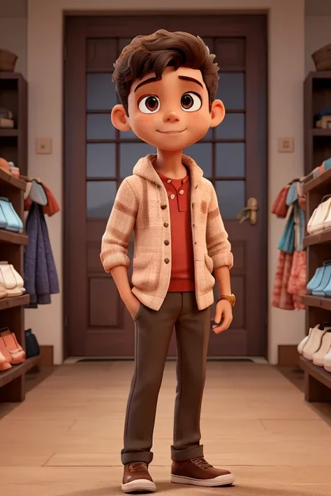 Brown boy dressed in fashionable clothes in a clothing store 