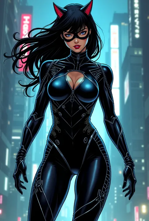 Marvel Comics Panel: A Japanese woman wearing a futuristic catwoman outfit  