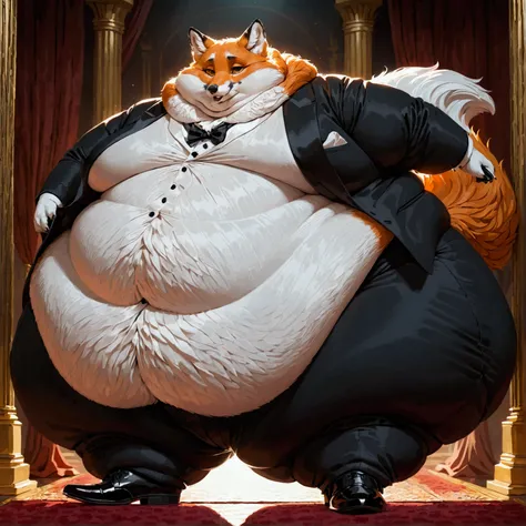 Very Extremely Morbidly-Obese Fox with unbelievably Very very very Extremely Massive Overhang white Belly, wears shoes, wears Full tuxedo Suit. 