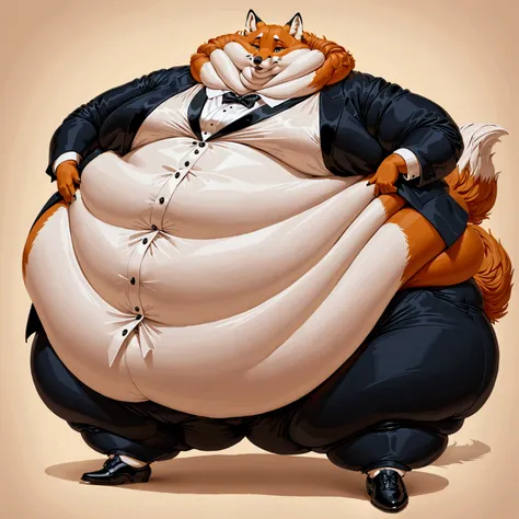 Very Extremely Morbidly-Obese Fox with unbelievably Very very very Extremely Massive Overhang white Belly, wears shoes, wears Full tuxedo Suit. 