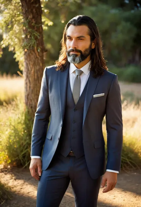  (photorealism:1.2), beautiful man, dressed, wearing a suit, (lookalike Sebastian Chabal: 0.9), outdoors, soft lighting, sunlight, relaxed pose, realistic, intricate details, warm colors.