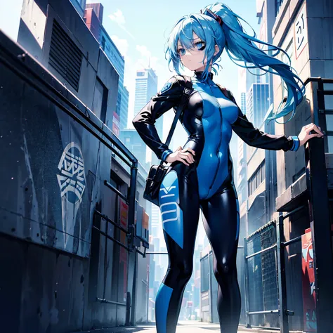 

A teenage anime girl stands firm and has a serious look . From a back angle , She has blue hair in a ponytail and blue eyes. She wears a blue rubber bodysuit. And high heels
