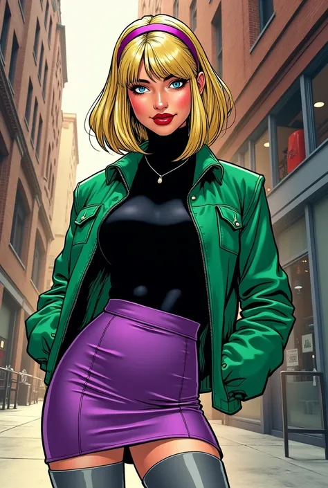 gwen stacy Grey Boots Black Turtleneck Purple Pencil short Skirt Green Jacket Purple Headband Blonde Wig with Bangs comic style and sex peter parker  