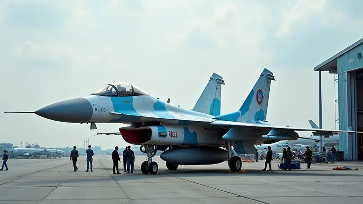 Ace combat under maintenance at Russian Air Force Air Force Air Force Base Su-35se super flanker oblique right rear view white and light blue camouflage