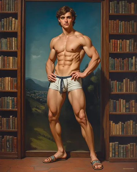 masterpiece,oil painting_barroque, hard intense colors, vibrant color,fullbody view,1 young man ,20 years old,Tall and well-proportioned,musculous, wearing shorts and sandals STANDING ,desafiant gaze, power posture, looking to the camera, expresive blue ey...