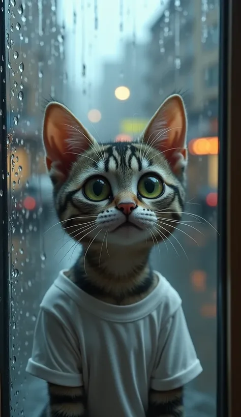 An anthropomorphic cat with a striped gray coat ,  with big green eyes and sad expression ,  looking out the window on a rainy day .  The cat is wearing a slightly wet white t-shirt. In the background,  raindrops drip on the window ,  creating a melancholi...