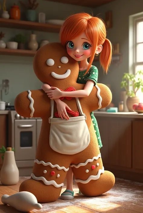 Realistic image: In a kitchen with a wooden floor, this woman with straight orange hair, light blue eyes, wears white, green and red Christmas apron, embraces a giant gingerbread cookie in her hand, has a pastry bag on the floor, there is flour drizzled. 