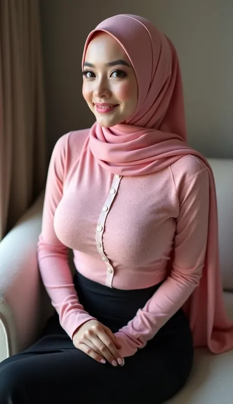 Photorealistic european hijabi woman, 165cm high, ((smooth skin, pale skin)), pink lipstick, brown eyes, long eyelashes, full lips, smokey eyeshadow, wide hips, curved ass, ((wearing tight pink patterned top, tight sleeves, tight black skirt, big boobs)), ...