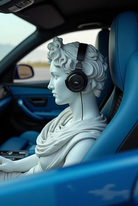 Submitted by you:
 create an image with a Greek statue with Bluetooth headphones, Inside a blue BMW M4 seen from a square 15m away . 