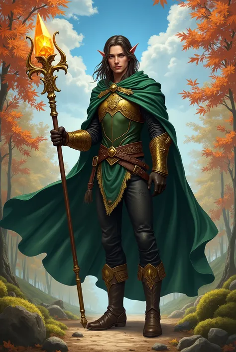 In RPG style, in style of Dungeons & Dragons, in style of fantasy painting. Full body view, looking at the viewer. image of an Elf male rogue, holding a gold magic staff with a small amber crystal on top. Green gold leather armor, black pants, dark leather...