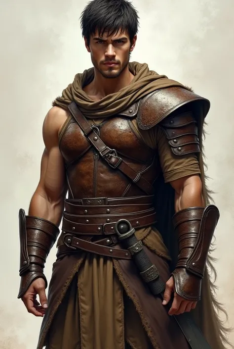 A handsome young man with a black short hair with lighter old leather dark brown armor on his half body not have armor shoulder but wear on old brown clothes, with his sword tie at lung