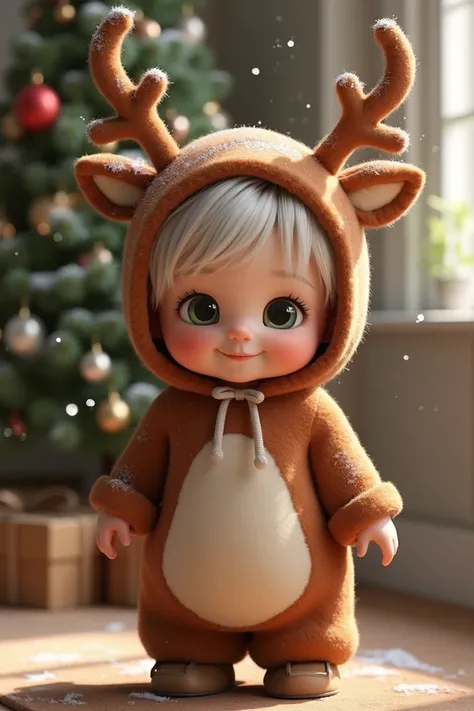 

 a reindeer costume for children The costume is brown with a lighter area on the chest and includes antlers on the hood, Christmas clothes, pose with a Christmas tree behind  ( a  baby has a round face ,  wide forehead and rounded cheeks light green eyes...