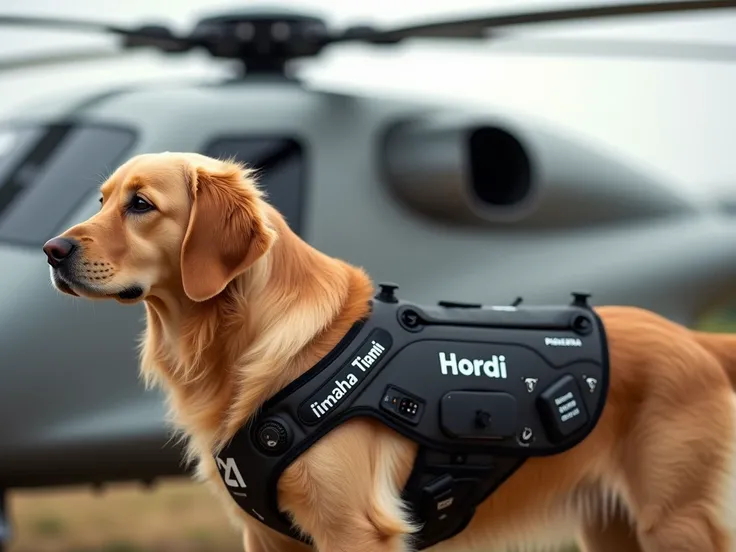 A golden retriever named Hordi standing beside a futuristic flying vehicle. On his high-tech vest, "Timaha Tiamit" is written, and "Hordi" is embroidered, showing sensors and transmitters in a sleek design.