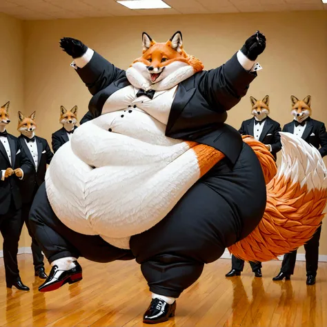 Very Extremely Morbidly-Obese Fox with unbelievably Very very very Extremely Massive Overhang white Belly, wears shoes, wears Full tuxedo Suit, dancing. 