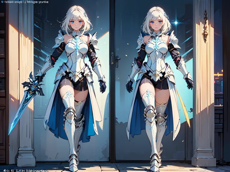 (((masterpiece, best quality, high detailed, 8k))) Design a layout showcase Gaming character, (1girl). valkyrie White|Blue|Gold armor, elegant and majestic. ((showcase weapon:1.4)), celestial sword. (masterpiece:1.2), (best quality), 4k, ultra-detailed. (S...