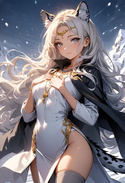 (  masterpiece on penis ,  top quality:1.2), 1 girl ,  upper body,Tail, large Tail,  white-haired,  Very Long Hair ,  wave hair,   Grey Eyes , deTailed eyes, Rainbow Hair,  circlet ,  Beaded Necklace ,  animal ears ,   leopard ear ,  black cape  ,  white d...