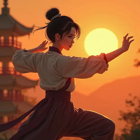 a female martial artist, black eyes, perfect face, hair clips in her hair, training at sunset, extended shadow, sharp shadows, beautiful rich colors, solid colors, masterpiece, best quality
