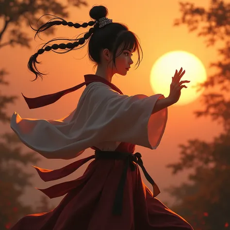 a female martial artist, black eyes, perfect face, hair clips in her hair, training at sunset, extended shadow, sharp shadows, beautiful rich colors, solid colors, masterpiece, best quality
