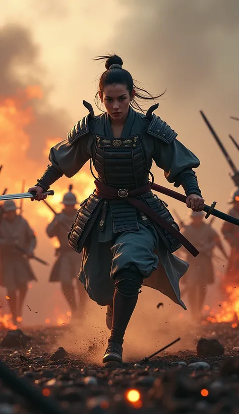 A female samurai fighting in the midst of a chaotic battlefield, holding a katana and charging forward, warriors around her, with smoke, blood, and debris in the air, dramatic lighting and intense colors reflecting the chaos of war, hyper-realistic, photo ...