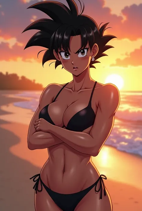 a ((high)),((very young)), ((Muscular)), ((( very small breast ))) girl,(( very wide hips)),((curve)),((Six pack)), thick thighs ,(( shiny black hair )), black eyebrows ,(((( black eyes )))),(((( very detailed eyes )))),((black bikini panties )) ,( shy and...