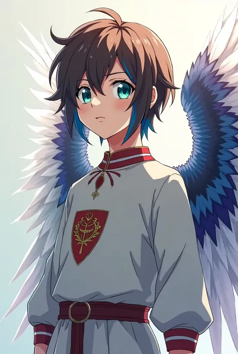 Anime style, full body, a young boy around 15 with medium length brown hair, blue streaks, heterochromia a blue eye and a green eye, with a pair of feathered wings, the wings are white wjth blue and purple feathers, wearing simple grey tunic with the Belmo...