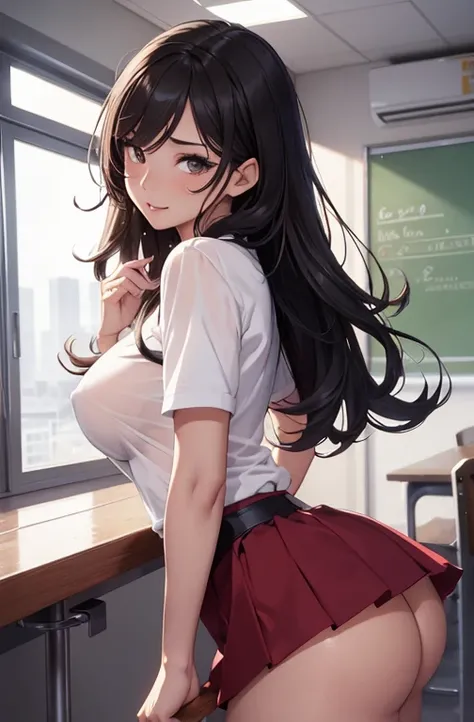 masterpiece, best quality, best lighting, shadows, perfect anatomy, 1 girl, adult anime girl, 2, mature features, showing tits, bitchy face, pretty lips, pretty eyes, black wavy hair, black eyes, seductive eyes, blushing, flirty, pretty smile, tiny red ski...