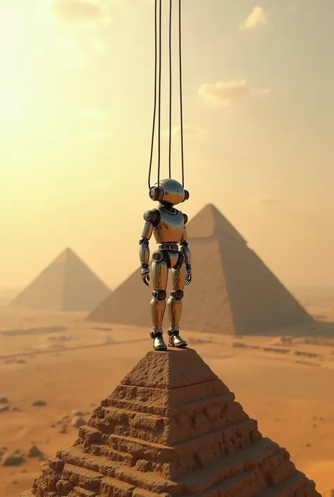 A robot hanging from cables on the pyramids in Giza. but the robot is small and on top 
Let the pyramids of Giza be large and at the bottom




